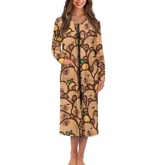 FOR U DESIGNS Capybara Print House Dresses for Women Lightweight House Dresses for Women with Pockets, Womens Embroidered Housecoat Long Sleeve Duster Robe, XL