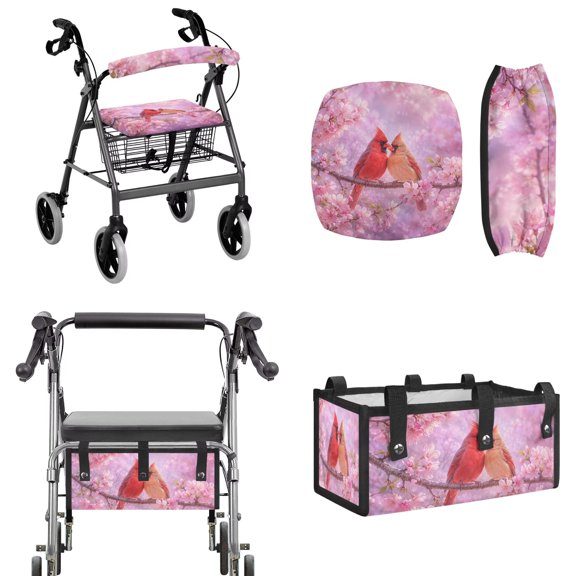 FOR U DESIGNS Cardinal Cherry Blossom Print Rollator Walker Accessories Set, Replacement Rollator Walker Seat and Backrest Cover, Large Capacity Under-Seat Storage Bag