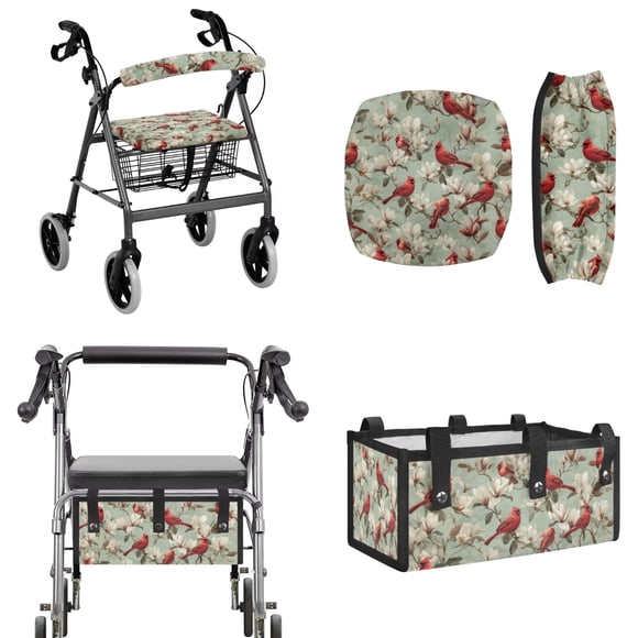 FOR U DESIGNS Cardinal Flower Print Rollator Accessories Set Under Seat Walker Storage Bag Rollator Seat Cushion and Backrest Cover Set , Walker Accessories for Seniors