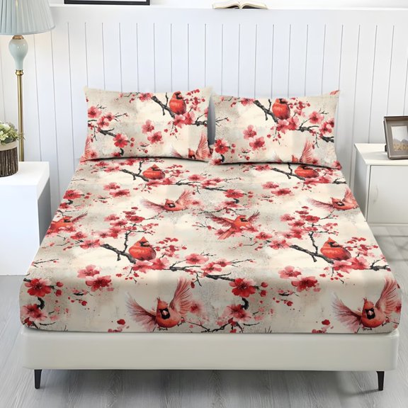 FOR U DESIGNS Cardinal Plum Blossom Print Full Size 3 Piece Sheet Set Wrinkle Free Comfort Sheets with All Around Elastic Comfortable Fitted Bedding with Pillowcase, Twin