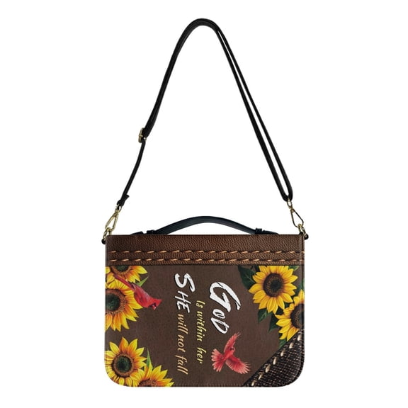FOR U DESIGNS Cardinal Sunflower Print Bible Cover Case for Women Men God is within her Bible Carrier with Shoulder Strap Faux Leather Bible Journaling Supplies Church Bag Bible Protective, XL