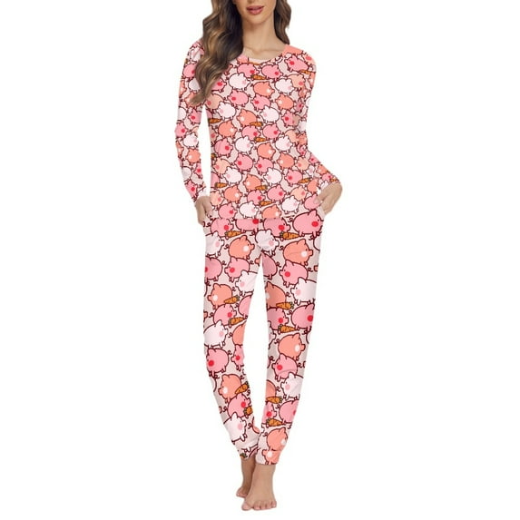 FOR U DESIGNS Carrot Pig Pajamas Sets for Women Long Sleeve Pants and Tops 2 Piece Size XS Lightweight Pjs for Women Set with Pockets Women Sleepwear Nightwear