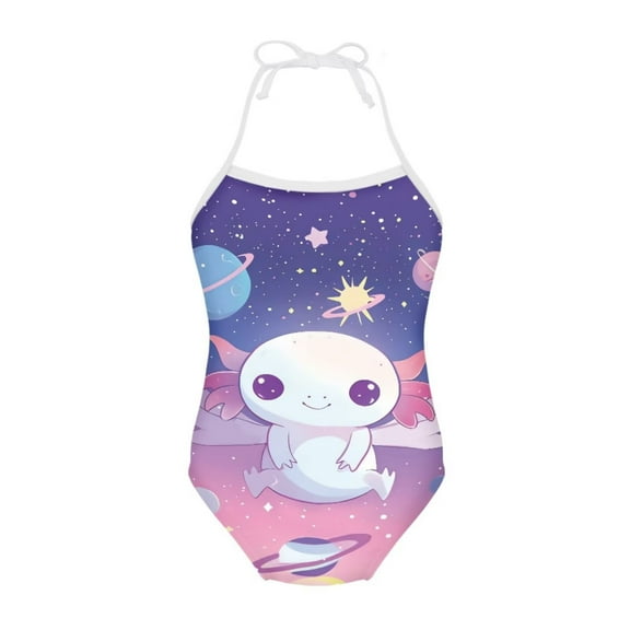 FOR U DESIGNS Cartoon Axolotl Toddler Kids Bathing Suit Girls Swimming One-Piece Swimsuit Size 7-8T Quick Dry Lace-up Swimwear Backless Summer Beach Wear