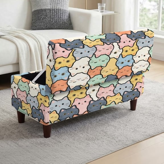 FOR U DESIGNS Cartoon Cat Print Stretch Ottoman Cover for Flip-Top Storage Footstool, Washable Rectangle Stool Slipcover with Elastic Band Soft Stool Covers Non-Slip Dustproof Furniture Cover