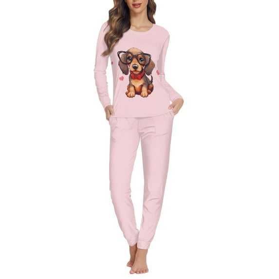 FOR U DESIGNS Cartoon Dachshund Pjs Sets for Women Long Pants and Tops 2PCS Size 2XL Pjs Comfortable Lounge Set with Pockets for Women Long Sleeve Sleepwear Pajamas