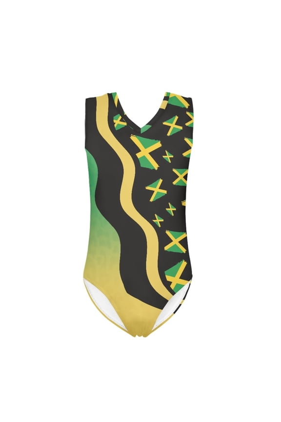 FOR U DESIGNS Casual One Piece Swimsuit for Teens Kids Girls Jamaican Flag Sleeveless Gymnastics Leotard for Dance Ballet Breathable Summer Swimwear Size 11-12