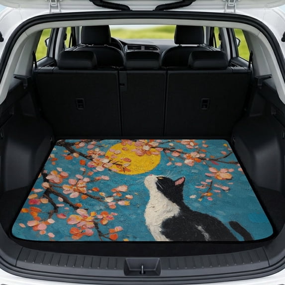 FOR U DESIGNS Cat Cherry Blossom Moon Print Car Trunk Mat for SUV Sedan Truck Anti-Slip All Weather Cargo Mat Rear Trunk Liner Decoration for Holiday Vacation Camping Picnic