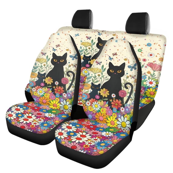 FOR U DESIGNS Cat Daisy Pattern Automotive Seat Cover 4 Pieces Non-Fading Front Split Rear Bench for Car Scratch-Resistant Low Back Front Seat Covers Automotive Accessories