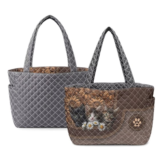 FOR U DESIGNS Cat Sunflower Daisy Paws Print Tote Handbag for Women, Double Sided Usable Tote Purse with Pockets Quilted Handbag, Two Tone Lightweight Shoulder Bag for Work