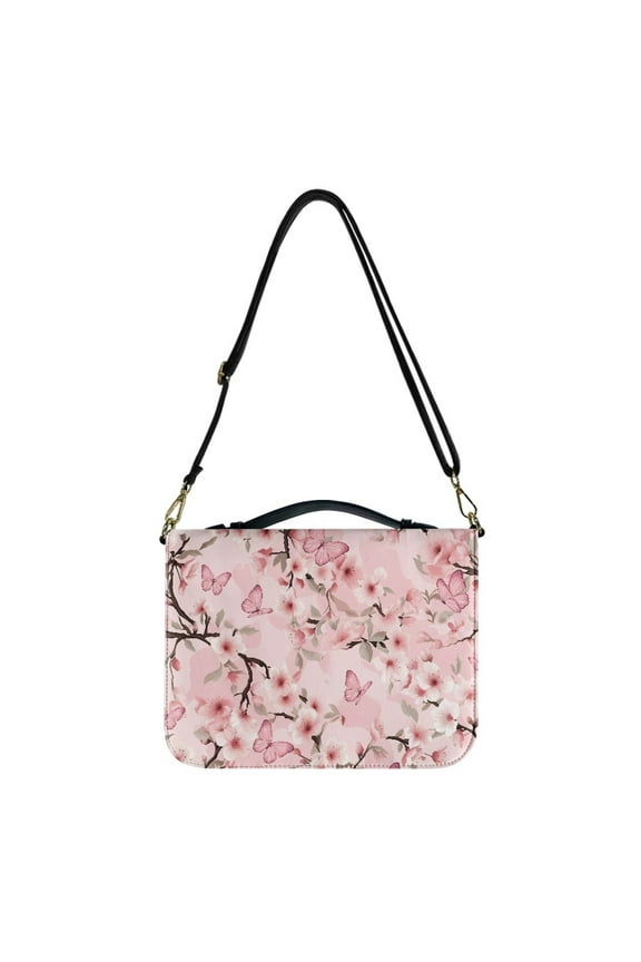 FOR U DESIGNS Cherry Blossom Butterfly Bible Case with Strap Size L Reusable Sturdy Leather Bible Cover Lightweight Crossbody Backpack Bag Purse Casual Bible Bag Tote Bible Accessories