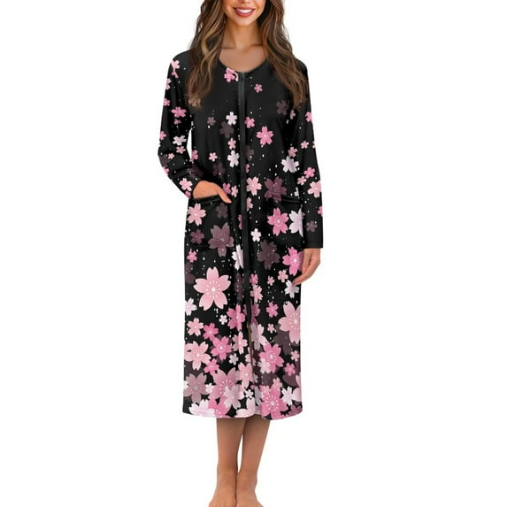 FOR U DESIGNS Cherry Blossom Print House Dresses for Women, Breathable Long Sleeve Night Shirts Soft House Dress with Pockets, Duster Lounger Robe with Zipper, L