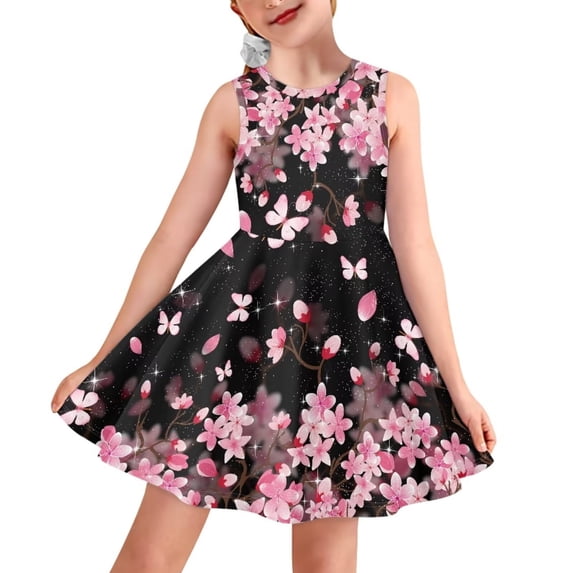 CLOHOMIN Cherry Blossom Sleeveless Midi Dress for Kids 15-16T Summer Casual Dress Girls Teens Tank Dress for Beachwear Outdoor Play Tour Twirly Skater Dress