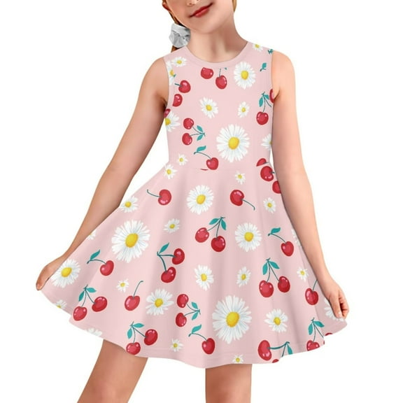 FOR U DESIGNS Cherry Daisy Sleeveless Dress for Girls 5-6 Years Old Toddler Party Playwear Formal Party Special Occasion Flowy Dresses Summer Beach Wear, Pink