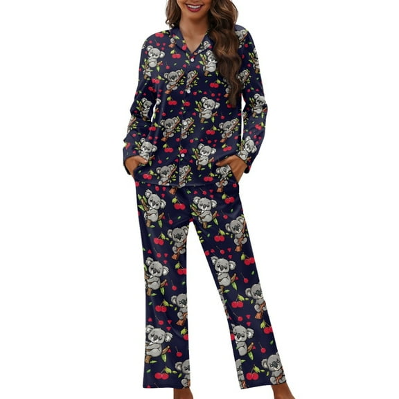 FOR U DESIGNS Cherry Koala Pajama Sets for Women 2 Piece Button Down Pants Size M Button Up Pajamas for Women Long Sleeve Sleepwear V-neck Tops Nightwear Winter