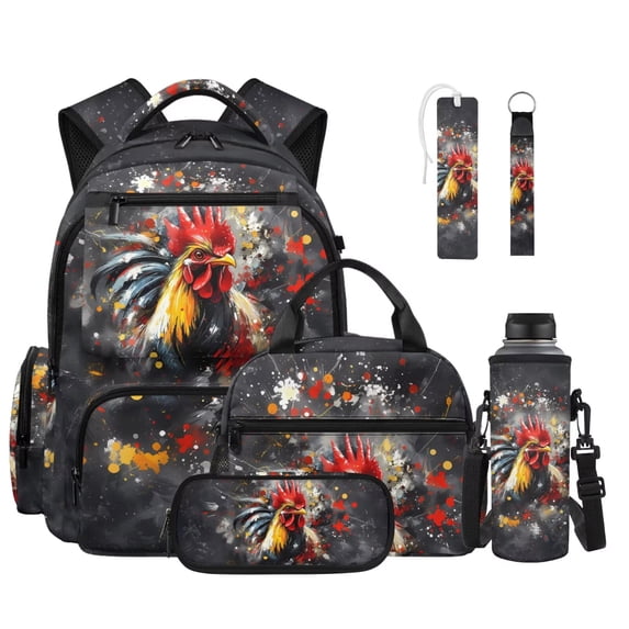 FOR U DESIGNS Chicken Splash ink Print 17 Inch Backpack 6Pcs Set, Lightweight School Bag with Lunch Box Pencil Case Water Bottle Sleeve Leather Bookmark Keychain for Elementary Middle School Kids