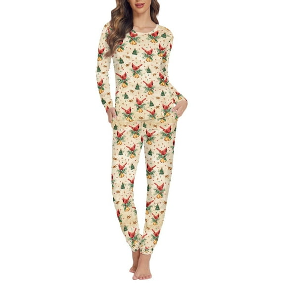 FOR U DESIGNS Christmas Cardinal Bells Pajama Sets for Women 2 Piece Long Sleeve Sleepwear for Women Size 3XL Pjs Lightweight Lounge Set with Pockets Ladies Soft Pjs Lounge Set
