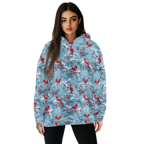 FOR U DESIGNS Christmas Cardinal Hoodies Sweatshirts Oversized Hooded Pullover for Women Size 2XL Women Xmas Activewear Tops Long Sleeve Down-Shoulder Collar Hoodie