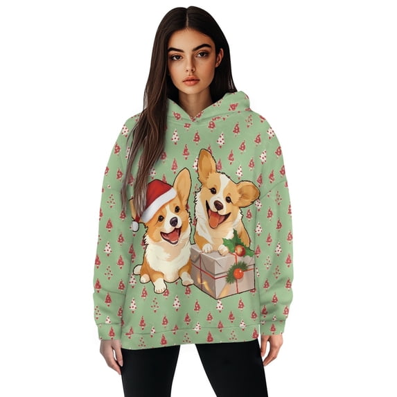FOR U DESIGNS Christmas Corgi Hooded Sweatshirt Loose Pullover Casual Hoodies for Women Size 2XL Oversized Hoodie Graphic for Women Activewear Long Sleeve Tops Winter
