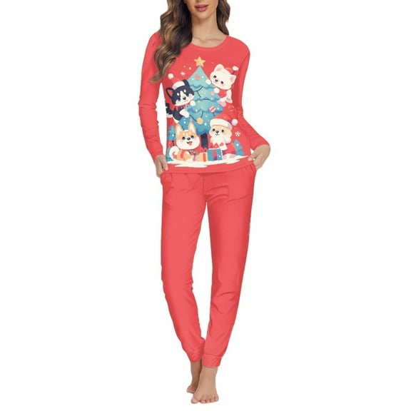FOR U DESIGNS Christmas Corgi Pajama Sets for Women 2 Piece Size 3XL Jogger for Women Long Sleeve with Pockets Ladies Sleepwear Crew Neck Tops Loungewear Pajamas