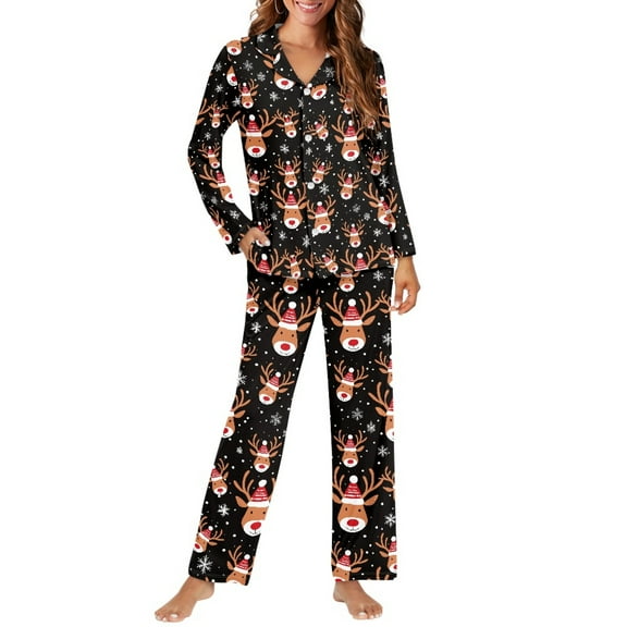FOR U DESIGNS Christmas Deer Button Down Sleepwear for Women 2 Piece Button Up Pajamas for Women Long Sleeve Sleepwear V-neck Tops and Pants Size XS Nightwear