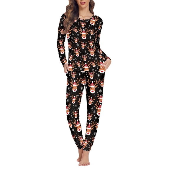 FOR U DESIGNS Christmas Deer Pjs Sets Long Sleeve Pants Set of 2 Size 4XL Xmas Nightwear for Women Sleepwear Long Crew Neck Tops Ladies Pj Bottoms Soft Loungewear