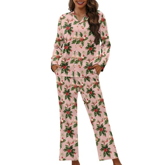 FOR U DESIGNS Christmas Hollyhock Long Sleeve Button Up Pajama Tops for Women 2 Piece Size 4XL Xmas Womens Button Front Jogger Pants and V-neck Tops for Women Winter