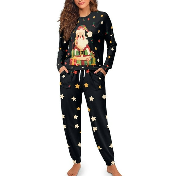 FOR U DESIGNS Christmas Santa Claus Women's Long Sleeve Drawstring Pajamas Set 2 Piece Size 2XL Sleepwear Crew Neck Tops Pjs Lightweight Lounge Set with Pockets for Women