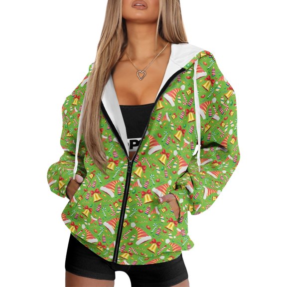 FOR U DESIGNS Christmas Santa Hat Zip Up Hoodie Oversized Sweatshirts for Women Loose Fit Hoodies Jacket Size L Long Sleeve Cardigan for Women Hooded with Pockets Winter