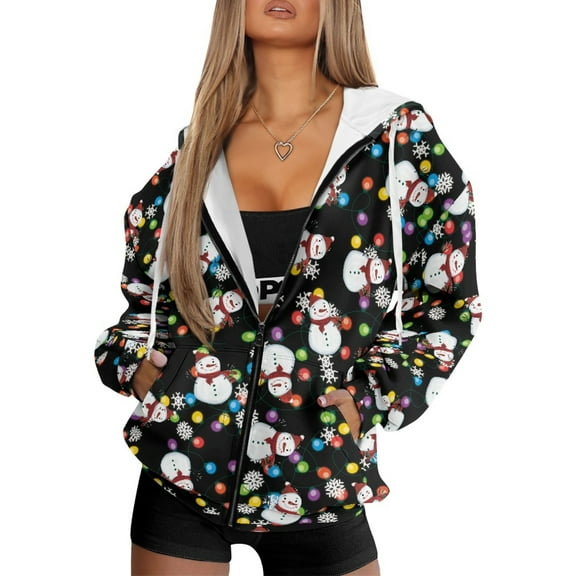 FOR U DESIGNS Christmas Snowman Zip Up Hoodies for Women Trendy Oversized Hooded Size L Long Sweatshirt Hoodie Jackets for Women with Zipper Polyester Activewear