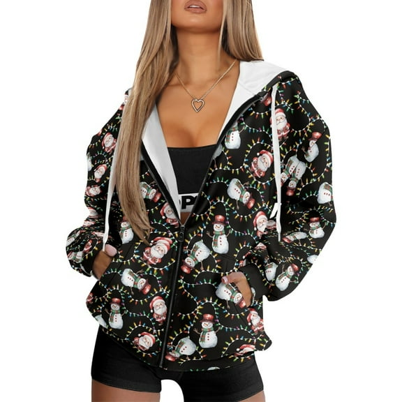 FOR U DESIGNS Christmas Snowman Zipper Hoodies for Womens Long Cardigan Lightweight Hooded Size XL Ladies Zip Up Hoodie with Pockets and Drawstring Long Sleeve Sportswear