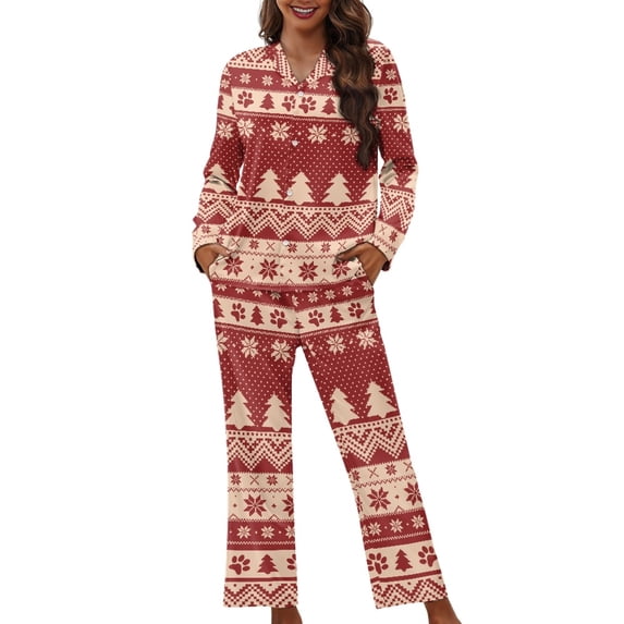 FOR U DESIGNS Christmas Tree Button Down Nightwear for Women 2 Piece Button Up Pajamas for Women Long Sleeve Sleepwear V-neck and Tops for Women Size S Nightwear Pjs