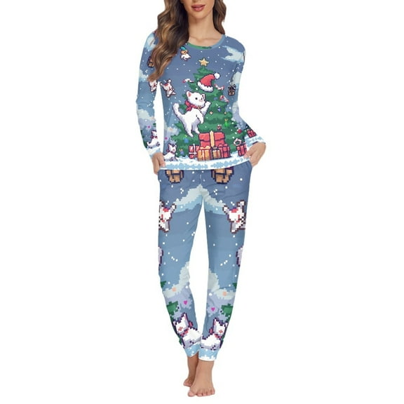 FOR U DESIGNS Christmas Tree Gift Cat Pajama Set for Women Soft Nightwear Set of 2 Size S Lightweight Lounge Sets for Women with Pockets Sleepwear Tops for Women