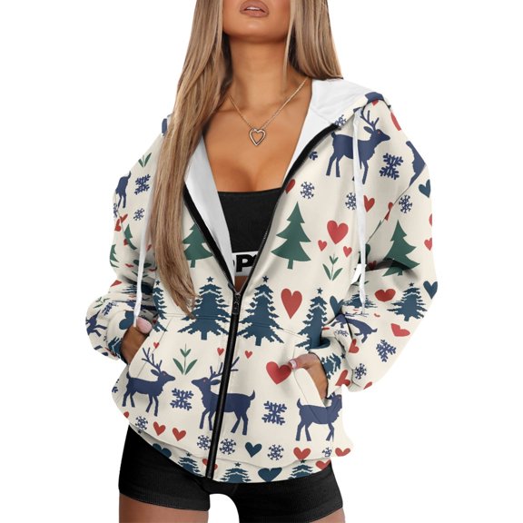 FOR U DESIGNS Christmas Tree Hooded Zip Up Sweatshirt Women Cardigan Jacket for Women Size L Lightweight Oversized Hoodie Sweatshirt Zipper Front Women Long Sleeve Hoodies