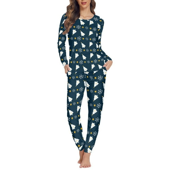 FOR U DESIGNS Christmas Tree Women Sleepwear Set Pajama Long Sleeve Crew Neck Tops Set of 2 Size 6XL Nightwear Long Pants for Women Jogger Loungewear Comfortable