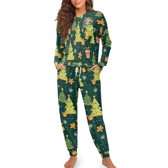 FOR U DESIGNS Christmas Tree Women's Drawstring Pajamas Set Night Wear for Women 2 Pack Size 2XL Sleepwear Long Sleeve Pants and Tops Nightwear Comfortable for Women