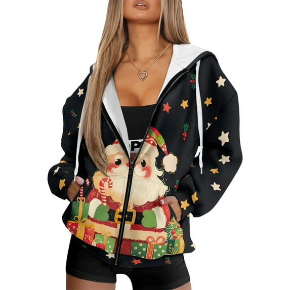FOR U DESIGNS Christmas Zipper Hooded Sweatshirt Women Trendy Oversized Hoodies Size 2XL Long Sleeve Santa Claus Hoodie for Women Activewear Down-Shoulder Collar Tops