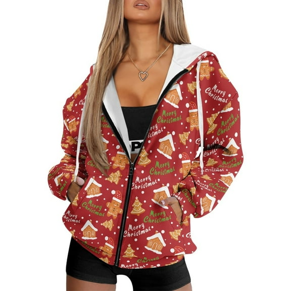 FOR U DESIGNS Christmas Zipper Hooded Sweatshirt Womens Long Cardigan Oversized Gingerbread Man Hoodies Size M Long Sleeve Hoodie for Women Down-Shoulder Collar Sportswear
