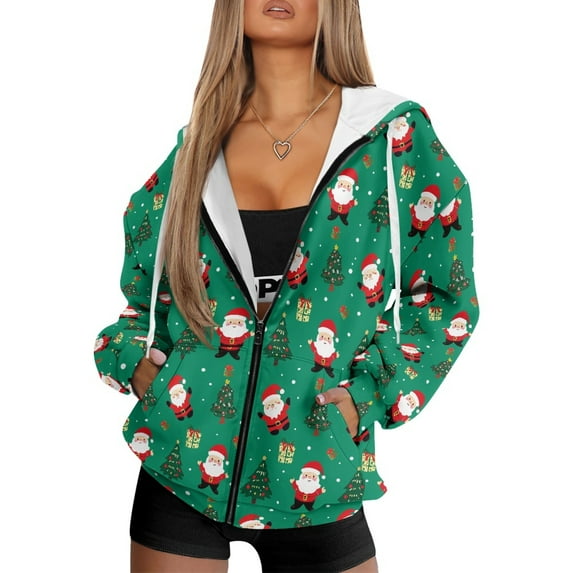 FOR U DESIGNS Christmas Zipper Hooded Sweatshirt Womens Long Cardigan Oversized Hoodies Size 4XL Long Sleeve Santa Claus Hoodie for Women Down-Shoulder Collar Sportswear