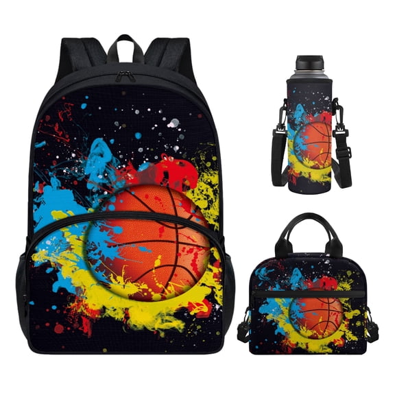 FOR U DESIGNS Colorful Basketball Backpack for Boys 8-12 with Lunch Box 3 in 1 Middle School Bag for Kids 2nd Grade Insulated Lunch Bag Water Bottle Bag Student Bookbag Girls Back Pack 10-12 Years