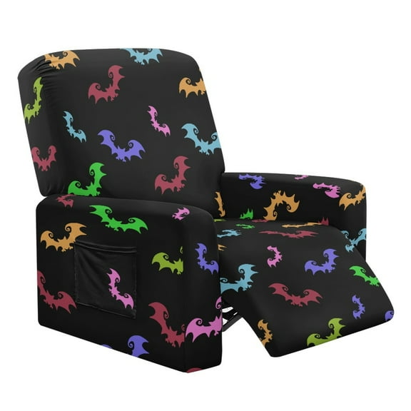 FOR U DESIGNS Colorful Bat Pattern Recliner Chair Covers Stretch Lazy Boy Recliner Covers Protector with Armrest, Reusable Reclining Slipcovers with Storage Pocket