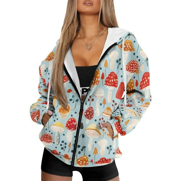 FOR U DESIGNS Colorful Mushroom Hooded Zip Up Sweatshirt Women Cardigan Jacket for Women Size S Lightweight Oversized Hoodie Sweatshirt Zipper Front Women Long Sleeve Hoodies