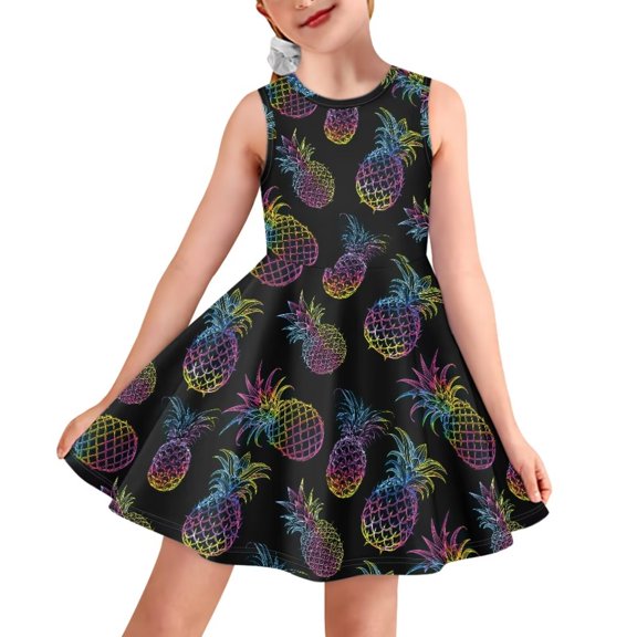 FOR U DESIGNS Colorful Pineapple Girls Tank Dress Skin Friendly Crewneck Sleeveless Party Dress Elastic Waist T-shirt Dress Teens Casual Knee Length Skater Dresses Size 9-10