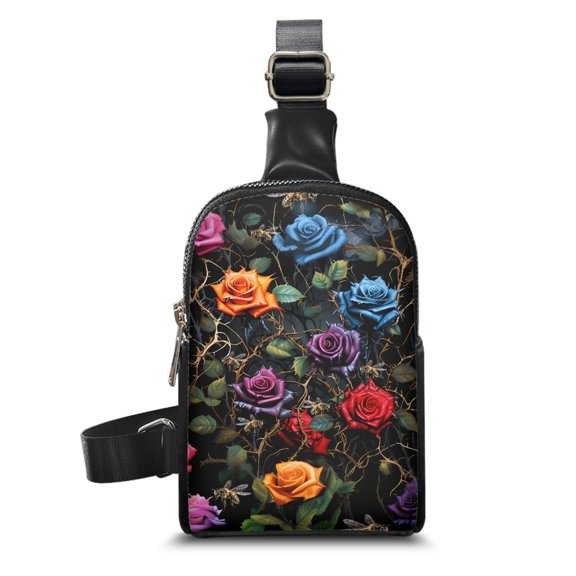 FOR U DESIGNS Colorful Rose Sling Bag for Women Fashion Crossbody Bags Womens Chest Bag PU Leather Fanny Pack for Dating Shopping Casual Shoulder Bag with Inner Pocket
