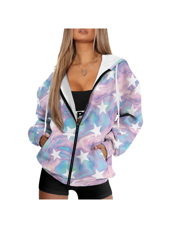 FOR U DESIGNS Colorful Star Zip Up Hoodie Women Oversized Graphic Hooded Size XS Long Sweatshirt Hoodies Jackets for Women with Zipper Long Sleeve Activewear for Women