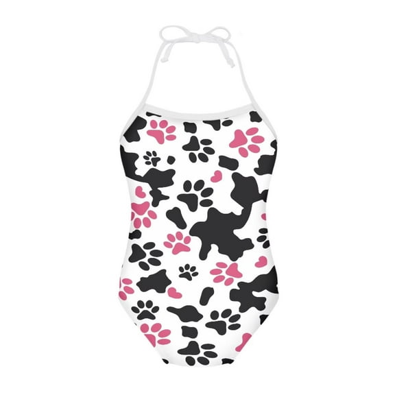 FOR U DESIGNS Comfy One Piece Swimwear for 9-10 Years Old Girls Cow Print Kids Beach Swimsuit Pink Dog Paw Halter Neck Bathing Suits for Surfing Swimming