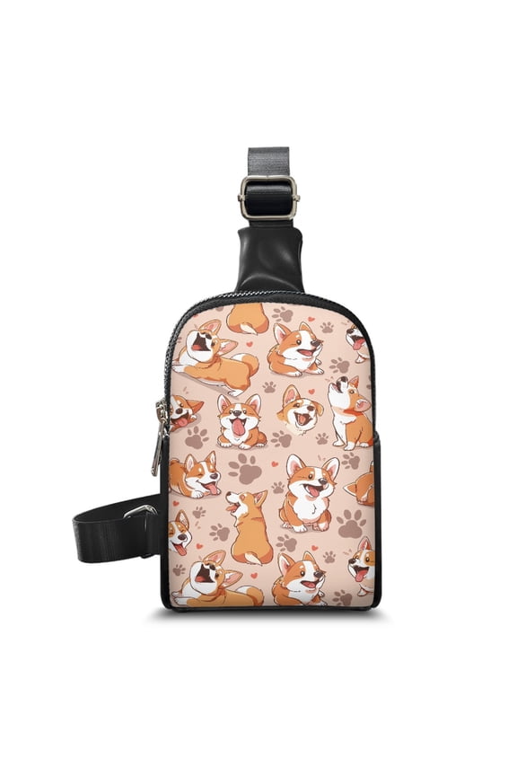 FOR U DESIGNS Corgi Fanny Pack Paw Print Crossbody Bags for Womens Chest Bag Daypack PU Leather Sling Bag for Dating Shopping Cute Dog Shoulder Bag with Adjustable Strap