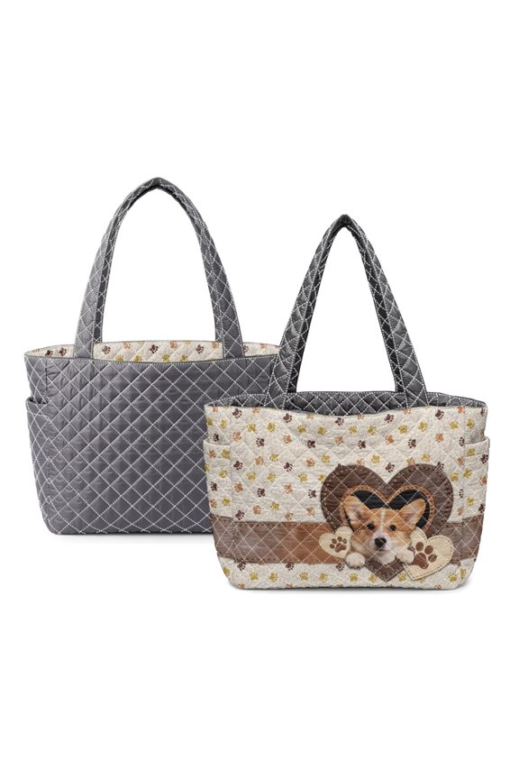 FOR U DESIGNS Corgi Paws Heart Print Women's Quilted Tote Bag, Lightweight Tote Purse with Pockets Two Tone Reversible Shoulder Bag, Double Sided Usable Handbag for Work