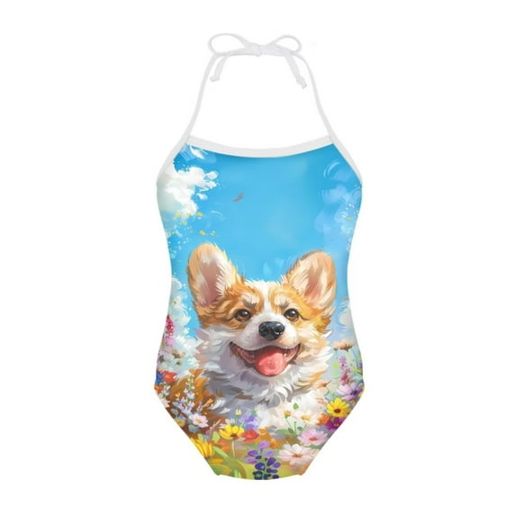FOR U DESIGNS Corig Dog One Piece Bathing Suit Adorable Halter Neck Swimsuits for Girls Kids Toddlers Off Shoulder Swimwear Teens Casual Beach Wear Bodysuit Size 7-8