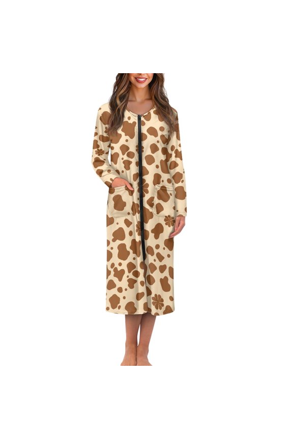 FOR U DESIGNS Cow Brown Pattern Women Nightgown Soft Long Sleeve Duster Robe Zip Up Elastic Fabric Robes for Woman Sleep Dress House Dress with Pockets, 3XL