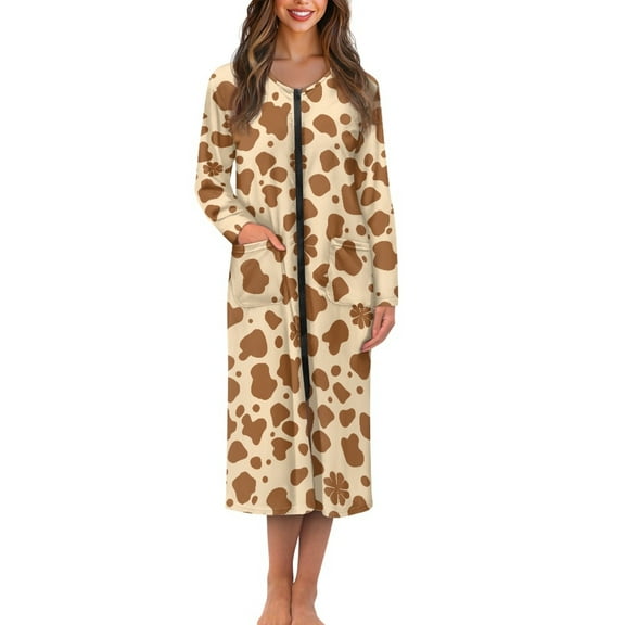 FOR U DESIGNS Cow Brown Pattern Women Nightgown Soft Long Sleeve Duster Robe Zip Up Elastic Fabric Robes for Woman Sleep Dress House Dress with Pockets, M
